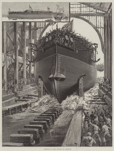 Te water laten van HMS Rodney in Chatham door William Heysham Overend