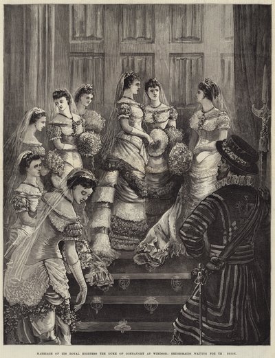 Huwelijk van Zijne Koninklijke Hoogheid de Hertog van Connaught in Windsor, Bruidsmeisjes wachten op de Bruid door William Heysham Overend