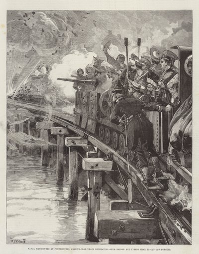 Marine manoeuvres in Portsmouth, pantser-trein trekt zich terug over brug en vuurt mijn om achtervolging af te snijden door William Heysham Overend