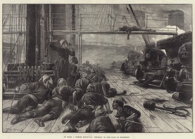 Aan boord van een Turkse oorlogsschip dat zich voorbereidt om te rammen, schieten met elektriciteit door William Heysham Overend