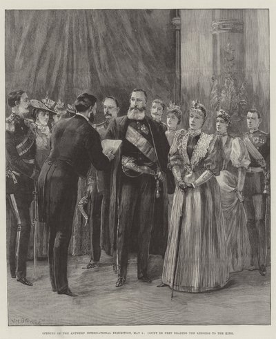 Opening van de Internationale Tentoonstelling van Antwerpen, 5 mei, Graaf de Pret leest het adres aan de koning door William Heysham Overend