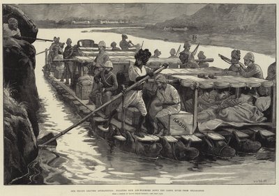 Onze Troepen verlaten Afghanistan, drijvende zieken en gewonden over de Cabul Rivier vanaf Jellalabad door William Heysham Overend