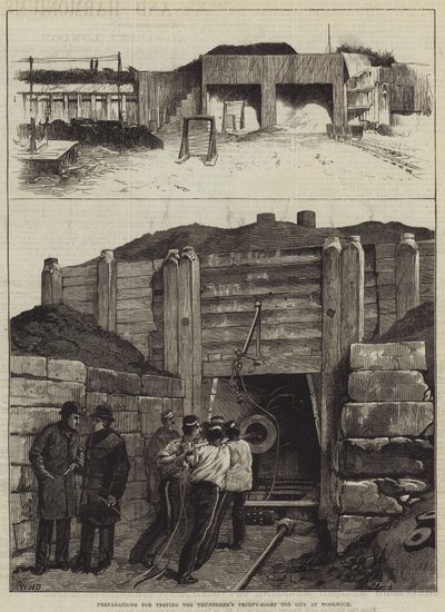 Voorbereidingen voor het testen van het Achtendertig Ton Kanon van de Thunderer in Woolwich door William Heysham Overend