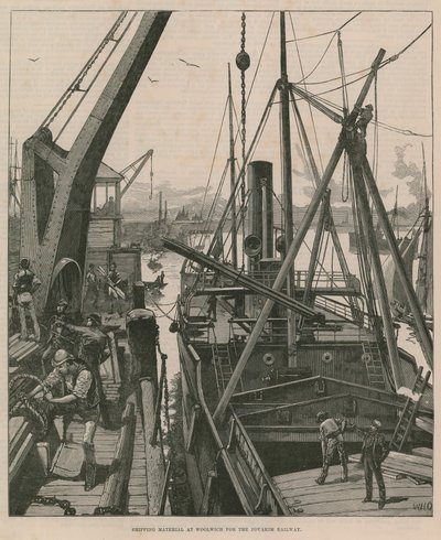 Materiaal laden in Woolwich voor de Souakim-spoorweg (gravure) door William Heysham Overend