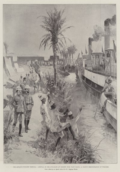 De Vooruitgang naar Dongola, Aankomst van de Kanonneerboten bij Kosheh van Wady Halfa, een Inheemse Demonstratie van Welkom door William Heysham Overend