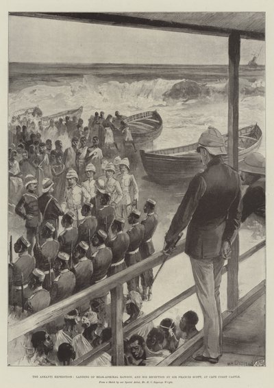 De Ashanti Expeditie, landing van Viceadmiraal Rawson, en zijn Ontvangst door Sir Francis Scott, bij Cape Coast Castle door William Heysham Overend