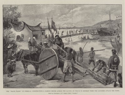 De zwarte vlaggen in Formosa, bouwen een bamboebrug over de lagune om zich terug te trekken wanneer de Japanners de forten aanvallen door William Heysham Overend