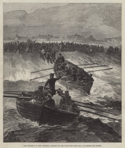 De botsing in het Kanaal, landing van de overlevenden van de Avalanche en Forest door William Heysham Overend
