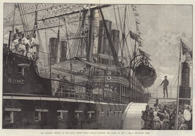 De Koloniale Bezoekers bij de Royal Albert Docks, Maleiers bemannen de masten van het P en O stoomschip Rome door William Heysham Overend