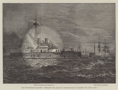 Het evolutionaire eskader, het afslaan van de aanval door torpedoboten in Blacksod Bay, Mayo, 7 juli door William Heysham Overend