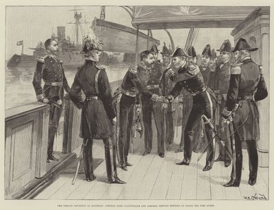 Het Franse squadron bij Spithead, admiraal Lord Clanwilliam en admiraal Gervais ontmoeten elkaar aan boord van de Fire Queen door William Heysham Overend