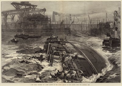 De grote ramp bij een scheepslancering op de Clyde, het zinken van de Daphne, met tweehonderd mannen door William Heysham Overend