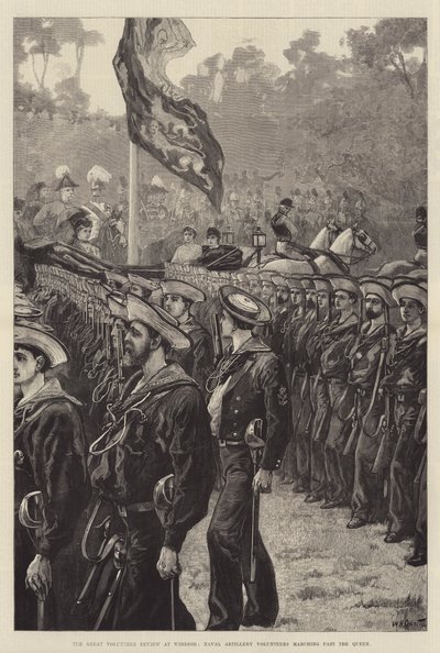 De Grote Vrijwilligersparade in Windsor, Marine Artillerie Vrijwilligers marcheren langs de Koningin door William Heysham Overend