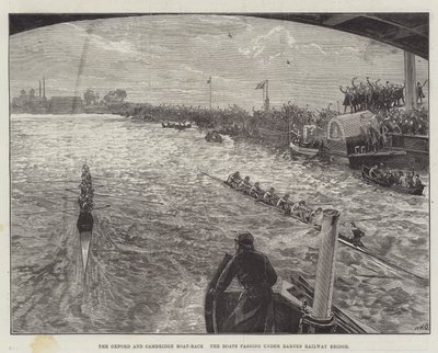 De Oxford en Cambridge bootrace, de boten passeren onder de Barnes Railway Bridge door William Heysham Overend