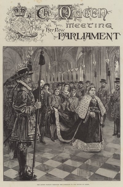 De koningin ontmoet haar nieuwe parlement, door de gang naar het Hogerhuis door William Heysham Overend
