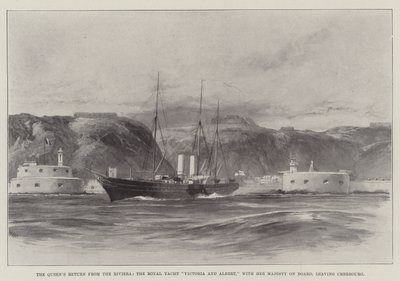 De terugkeer van de koningin van de Rivièra, het koninklijk jacht Victoria en Albert, met Hare Majesteit aan boord, vertrekkend uit Cherbourg door William Heysham Overend