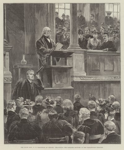 De zeer eerbiedwaardige W E Gladstone in Oxford, geeft de Romanes-lezing in het Sheldonian Theatre door William Heysham Overend