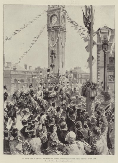 Het koninklijk bezoek aan Ierland, de hertog en hertogin van York passeren het Albert Memorial in Belfast door William Heysham Overend