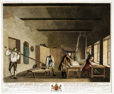 Aan de eerwaarde Lord Viscount Kingsborough... deze plaat die een perspectivisch uitzicht op een lapping room voorstelt, met het meten, krullen of vouwen van het doek in lengtes, Plaat XI, De Linnenmanu door William Hincks