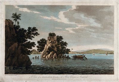 Zicht op een geïsoleerde rots in de Ganges bij Jangerah door William Hodges