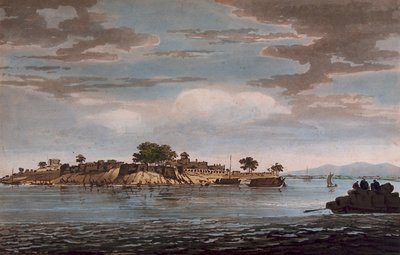 Gezicht op het fort van Mongheer, aan de oevers van de Ganges door William Hodges