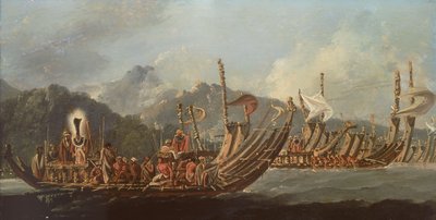 Review van de oorlogsgaljoenen in Tahiti door William Hodges