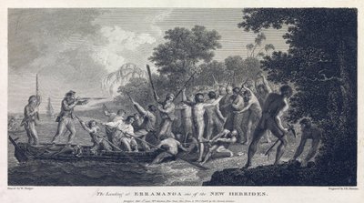 De landing op Erramanga (of Eromanga), een van de eilanden van Vanuatu (voorheen Nieuwe Hebriden, archipel in de Stille Oceaan), toont de bemanning van een kano die vecht met krijgers van het eiland door William Hodges