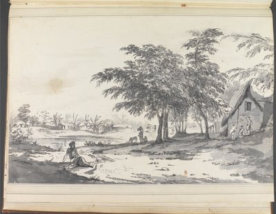 Uitzicht op een Indiaans dorp met een zittende man op de voorgrond door William Hodges