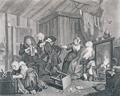 Het Verloop van een Hoer, Plaat Vijf: Sterft terwijl de Dokters Twisten, 1732 door William Hogarth
