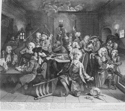 Het Leven van een Losbol, Plaat 6, Scène in een Speelhuis door William Hogarth