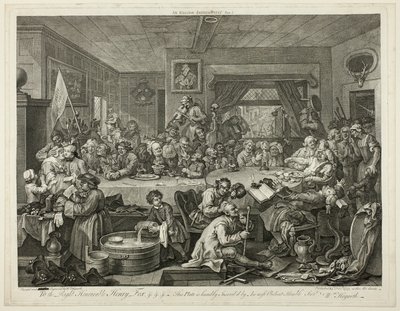 Een Verkiezingsentertainment, plaat één uit Vier Prenten van een Verkiezing door William Hogarth