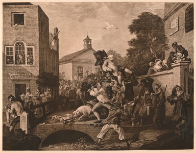 Het dragen van de leden, Plaat IV uit De Humor van een Verkiezing, 1757 door William Hogarth