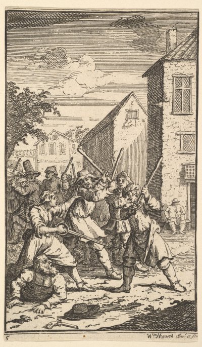 Hudibras verslagen door Trulla, zeventien kleine illustraties voor Samuel Butlers Hudibras, 1721-26 door William Hogarth