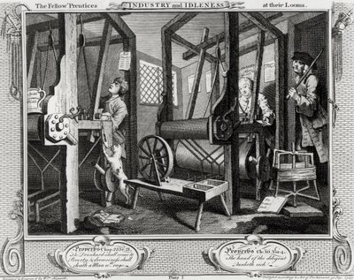 Industrie en Luiheid, De Leerlingen aan hun Weefgetouwen, plaat 1 door William Hogarth