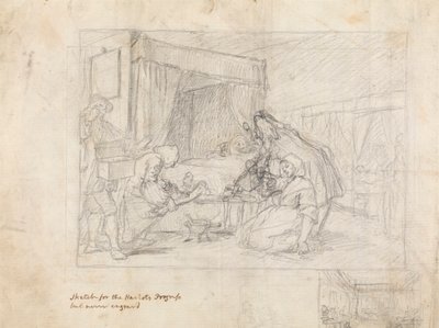 Operatiescène in een ziekenhuis met aanvullende schetsen in de marge rechtsonder door William Hogarth