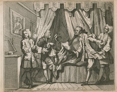 Qui color albus nunc erat, est contrarius albo; Vier mannen confronteren een zwarte vrouw in haar slaapkamer door William Hogarth