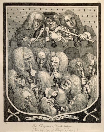 De Maatschappij van Begrafenisondernemers door Georg Friedrich Haendel, karikatuurgravure door William Hogarth door William Hogarth