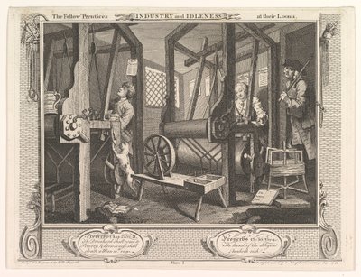 De Leerlingen aan hun Weefgetouwen Industrie en IJver, plaat 1, 30 september 1747 door William Hogarth