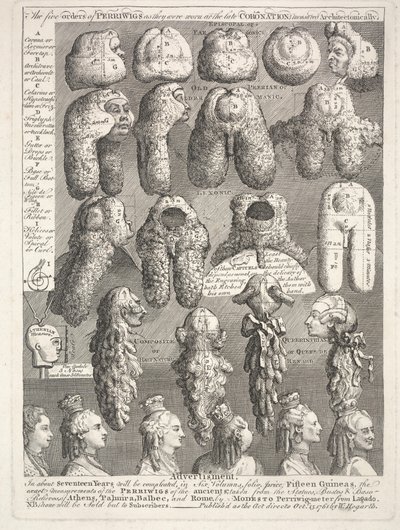 De vijf ordes van de pruiken door William Hogarth