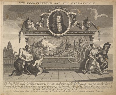 Het frontispice en de uitleg, plaat 1: Illustraties bij Samuel Butlers Hudibras door William Hogarth