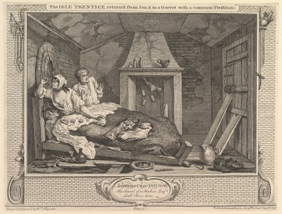 De luie leerling teruggekeerd van zee en in een zolderkamer met een gewone prostituee..., 30 september 1747 door William Hogarth