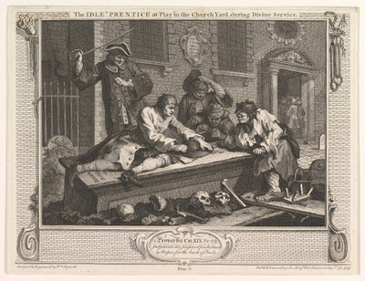 De luie leerling speelt op het kerkhof, Industry and Idleness, plaat 3, 30 september 1747 door William Hogarth
