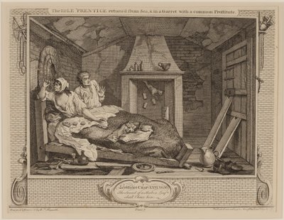 De luie leerling teruggekeerd van zee en in een zolderkamer met een gewone prostituee, uit de serie Industrie en luiheid, oktober 1747 door William Hogarth