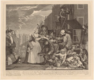 Gearresteerd wegens schulden, plaat 4 uit de reeks "Het leven van een losbol" door William Hogarth