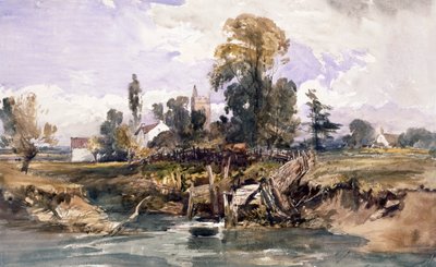 Landschap met een kerk en een huis door William James Muller