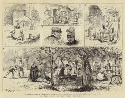 Schetsen in een Normandische Ciderboomgaard, I door William John Hennessy