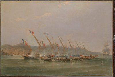 Kapitein Robert Maunsell vangt Franse kanonneerboten bij Java, juli 1811 door William John Huggins