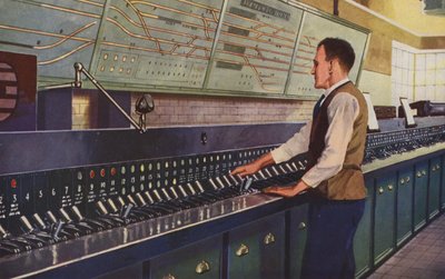 Een modern elektrisch seinhuis (kleurenlitho) door William John Patton McDowell