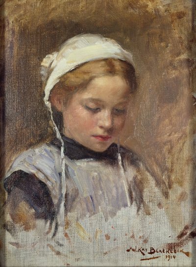 Jong meisje in een blauwe schort, 1914 door William Kay Blacklock