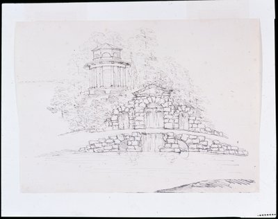 Chiswick, ontwerp voor een rotsachtige waterval met een achthoekige Dorische tempel op het terras erachter door William Kent